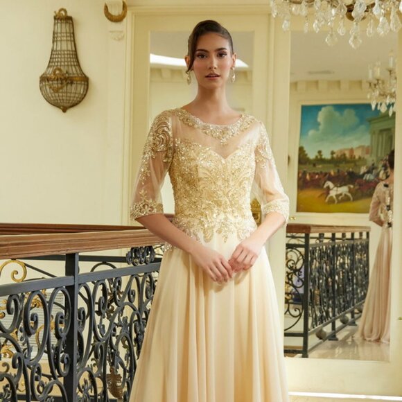 NEW FORMAL A-LINE CHIFFON MOB SEQUINS EMBELLISHED GOWN W/ 3/4 SLEEVES GL3599